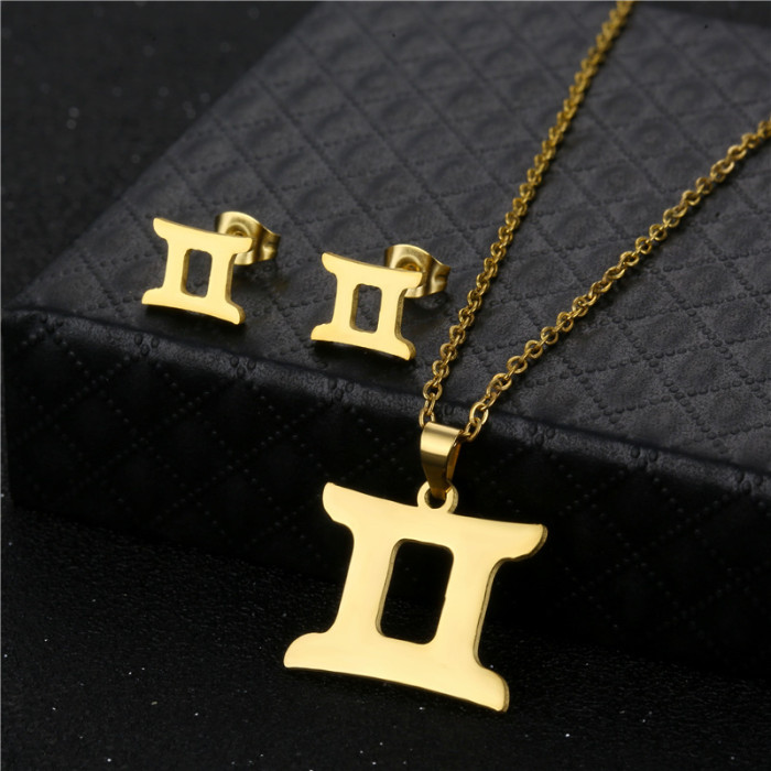 Stainless Steel Earring Necklace Set For Women Man 12 Constellation Pendant Necklace Engagement Jewelry Set