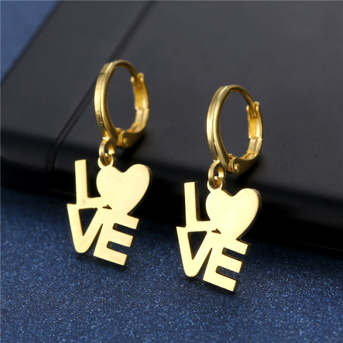 Gold Color Love Pendant Drop Earrings for Women Men Goth Stainless Steel Small Piercing Huggies Earring Jewelry Gifts