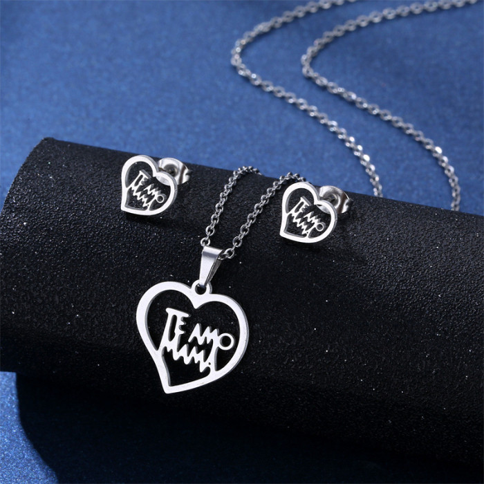 Stainless Steel Earring Necklace Set Classic Heart Rose Mama Love  Mother Fashion Jewelry Women Chain Necklace Earrings
