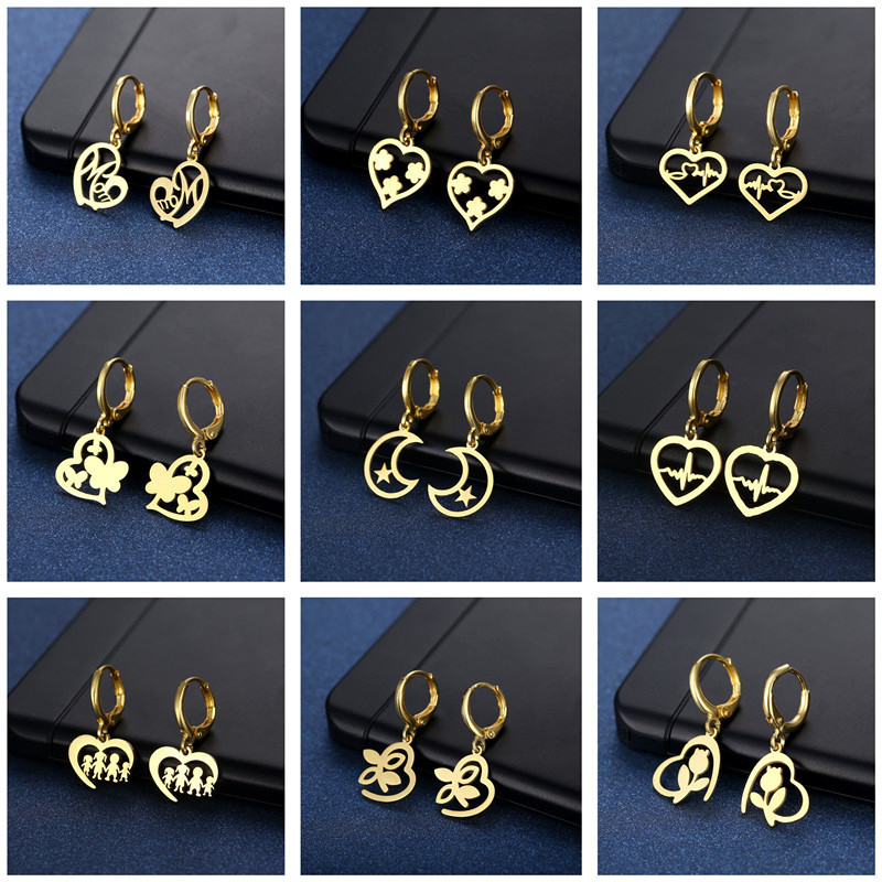 Gold Color Love Pendant Drop Earrings for Women Men Goth Stainless Steel Small Piercing Huggies Earring Jewelry Gifts