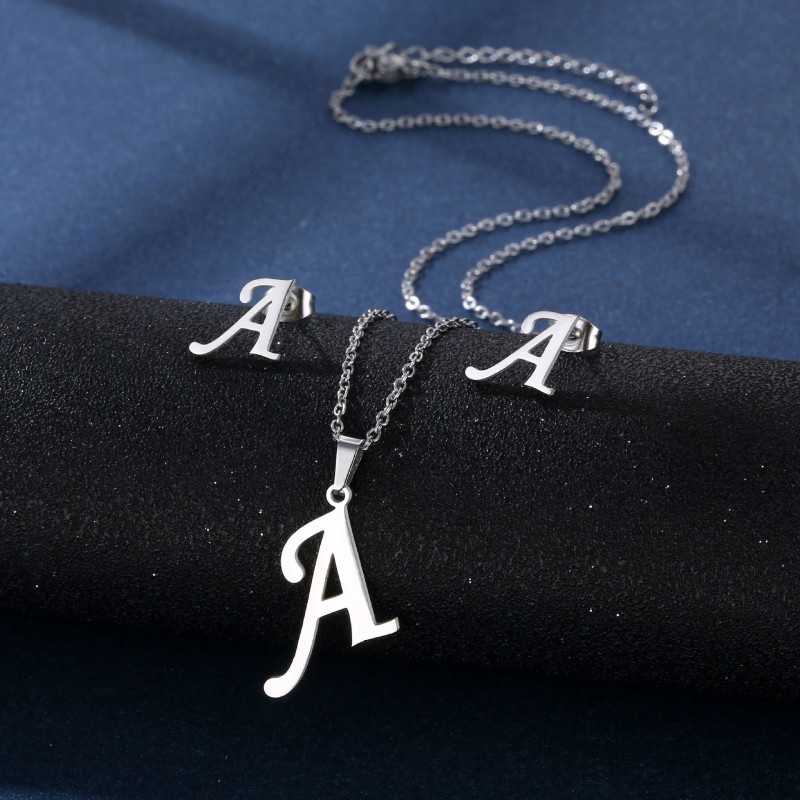 Simple Gold Color A-Z 26 Letters Initial Pendant Necklace Set for Women  Stainless Steel Alphabet Name Chain Choker