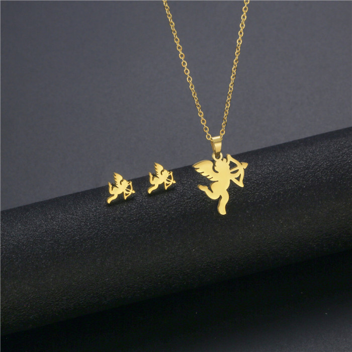 Sweet Love Flower Cat Cross Pendant Stainless Steel Necklace Earring Set for Women Fashion Jewelry Accessories Party Gifts