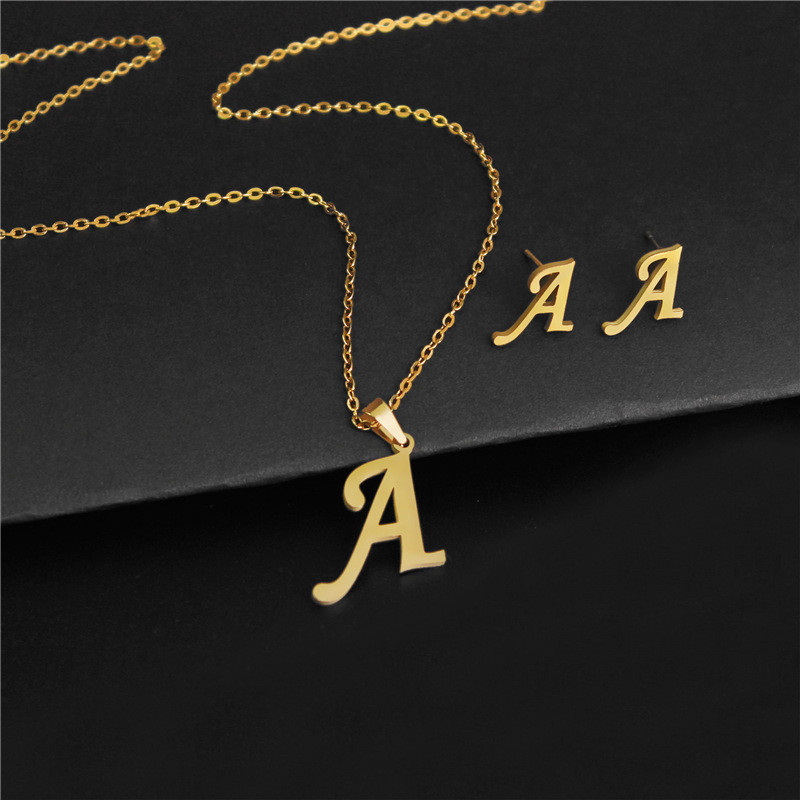 Simple Gold Color A-Z 26 Letters Initial Pendant Necklace Set for Women Stainless Steel Alphabet Name Chain Choker