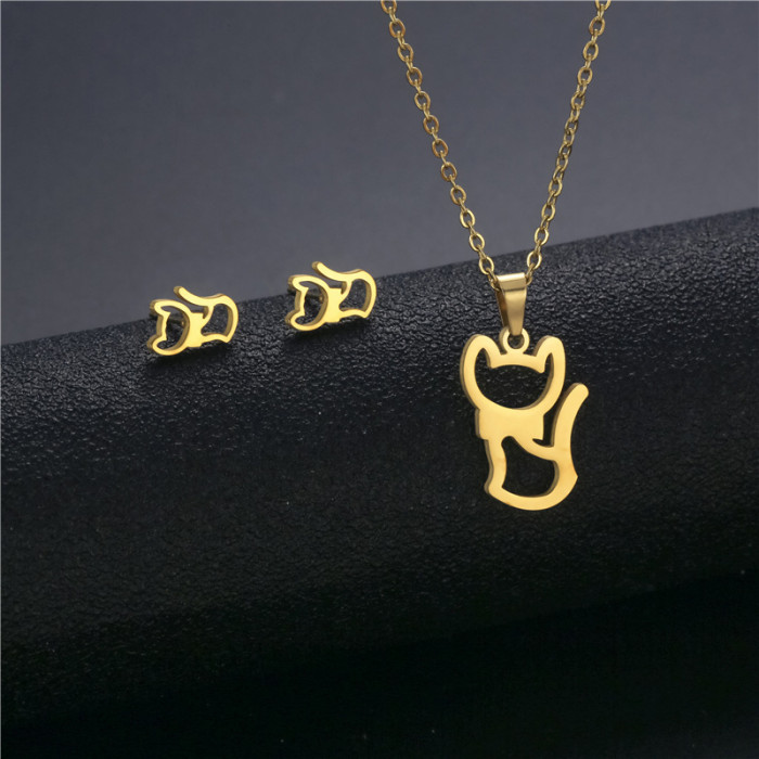 Sweet Love Flower Cat Cross Pendant Stainless Steel Necklace Earring Set for Women Fashion Jewelry Accessories Party Gifts