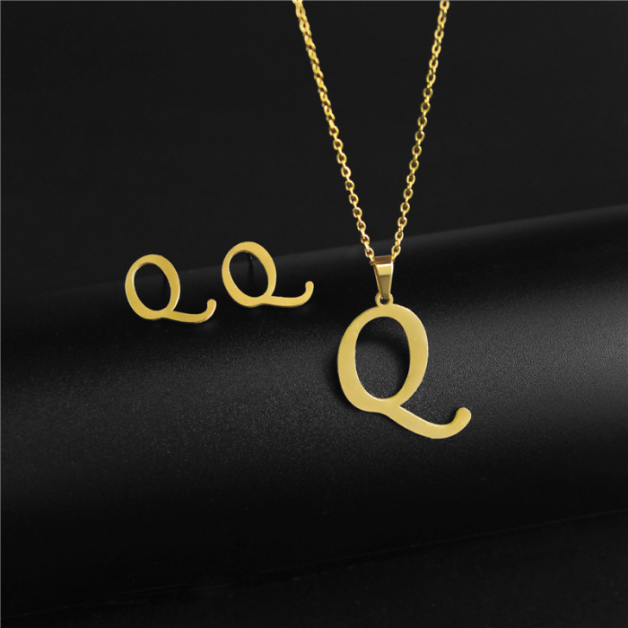 Simple Gold Color A-Z 26 Letters Initial Pendant Necklace Set for Women Stainless Steel Alphabet Name Chain Choker