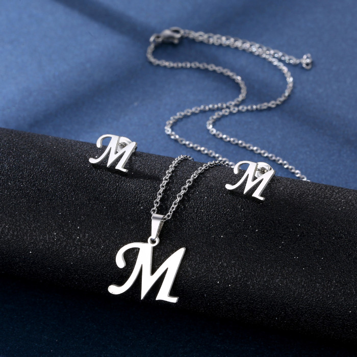 Simple Gold Color A-Z 26 Letters Initial Pendant Necklace Set for Women  Stainless Steel Alphabet Name Chain Choker