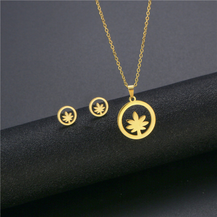 Sweet Love Flower Cat Cross Pendant Stainless Steel Necklace Earring Set for Women Fashion Jewelry Accessories Party Gifts