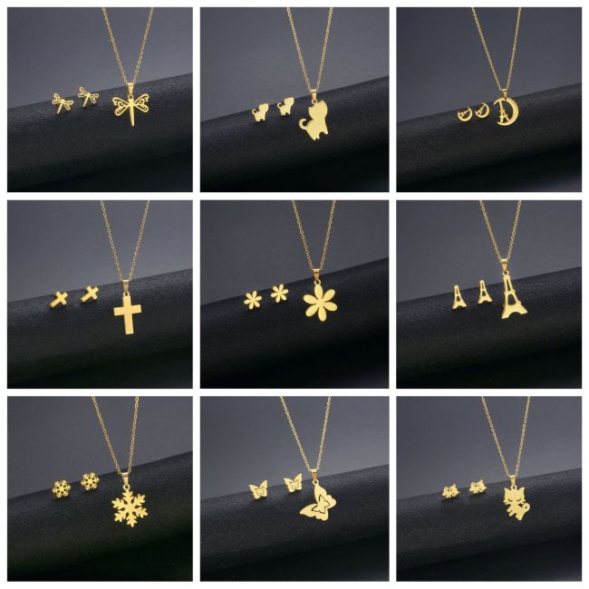 Sweet Love Flower Cat Cross Pendant Stainless Steel Necklace Earring Set for Women Fashion Jewelry Accessories Party Gifts