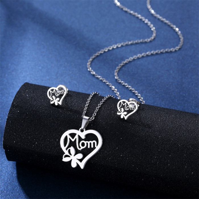 Stainless Steel Earring Necklace Set Classic Heart Rose Mama Love  Mother Fashion Jewelry Women Chain Necklace Earrings