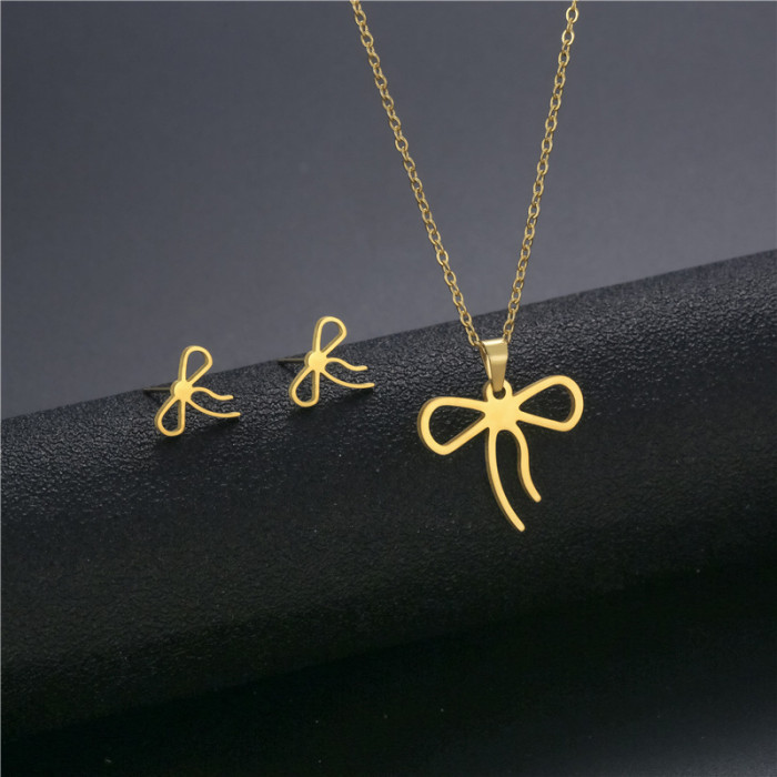 Sweet Love Flower Cat Cross Pendant Stainless Steel Necklace Earring Set for Women Fashion Jewelry Accessories Party Gifts