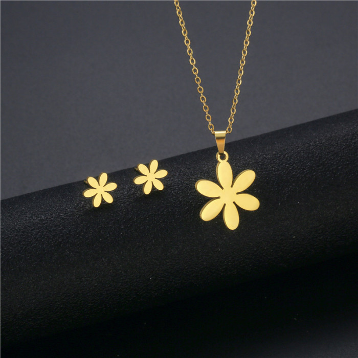 Sweet Love Flower Cat Cross Pendant Stainless Steel Necklace Earring Set for Women Fashion Jewelry Accessories Party Gifts