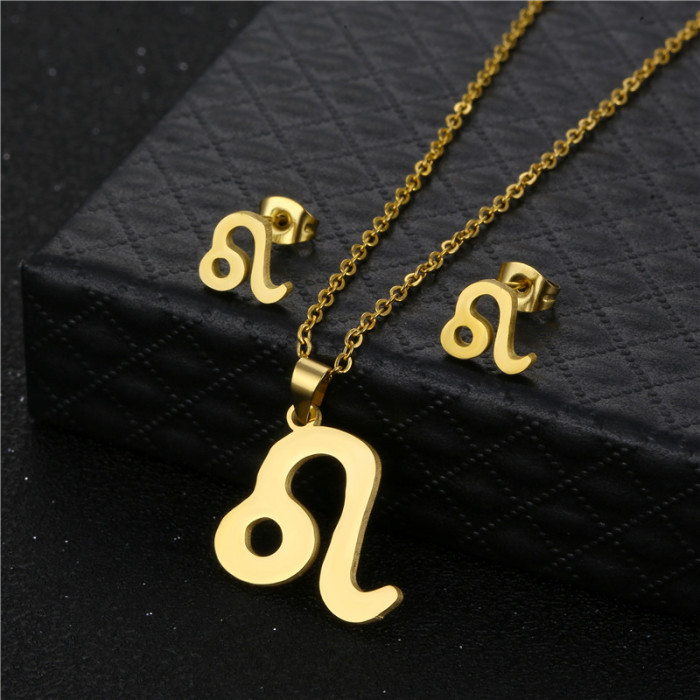 Stainless Steel Earring Necklace Set For Women Man 12 Constellation Pendant Necklace Engagement Jewelry Set