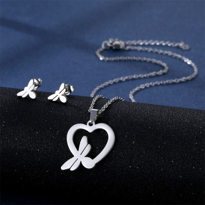 Classic Stainless Steel Pendant Necklace Earrings Sets Chain Jewelry Love Heart Butterfly Flower Party Birthday Gifts