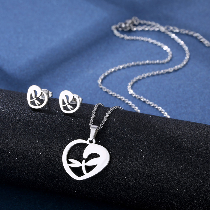 Classic Stainless Steel Pendant Necklace Earrings Sets Chain Jewelry Love Heart Butterfly Flower Party Birthday Gifts
