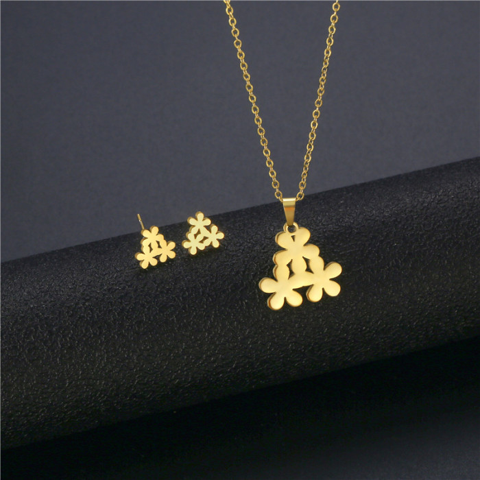 Sweet Love Flower Cat Cross Pendant Stainless Steel Necklace Earring Set for Women Fashion Jewelry Accessories Party Gifts