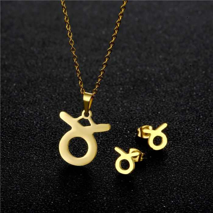 Stainless Steel Earring Necklace Set For Women Man 12 Constellation Pendant Necklace Engagement Jewelry Set