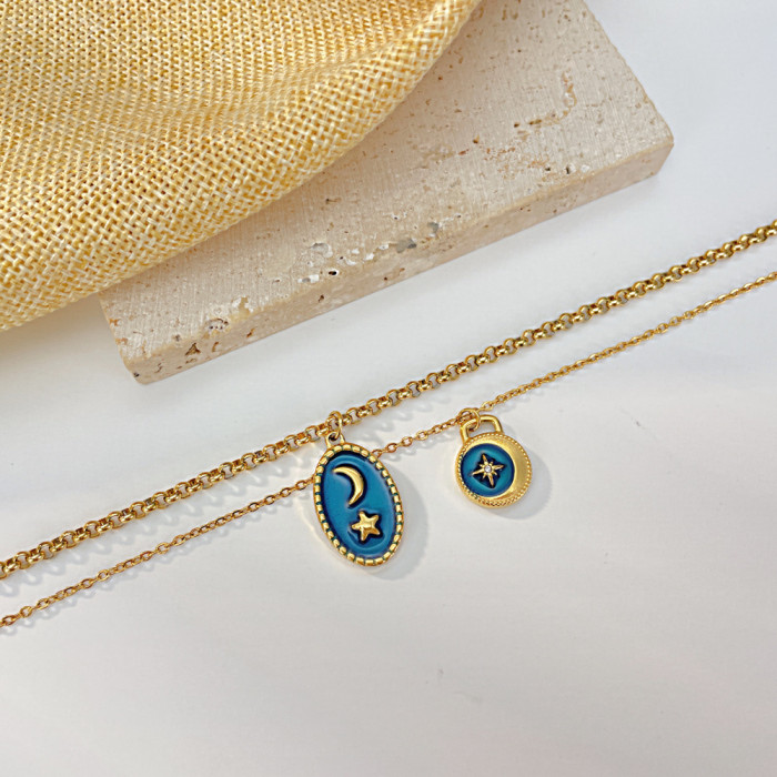Stainless Steel Fashion Gold Color Good Night Moon Star Clavicle Chain  Luxury Personality Double Layered Necklace Jewelry