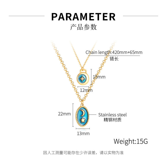 Stainless Steel Fashion Gold Color Good Night Moon Star Clavicle Chain  Luxury Personality Double Layered Necklace Jewelry