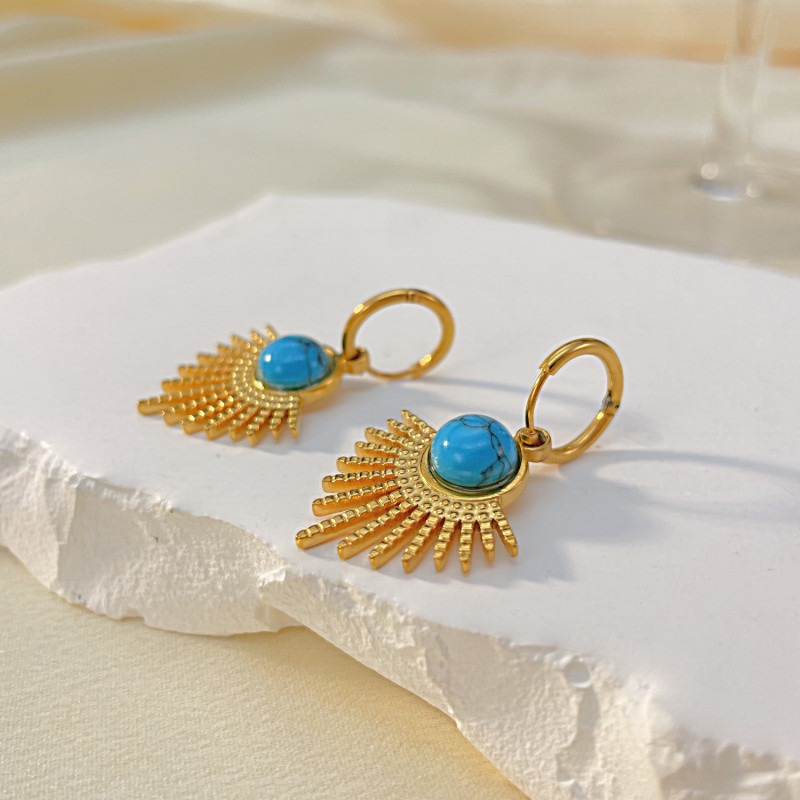 18K Gold Plated Stainless Steel Turquoise Inlaid Scallop Drop Earrings Women Vintage Metal Jewelry Party Gift