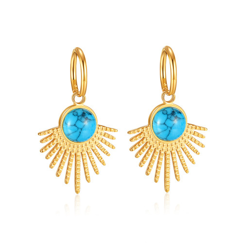 18K Gold Plated Stainless Steel Turquoise Inlaid Scallop Drop Earrings Women Vintage Metal Jewelry Party Gift