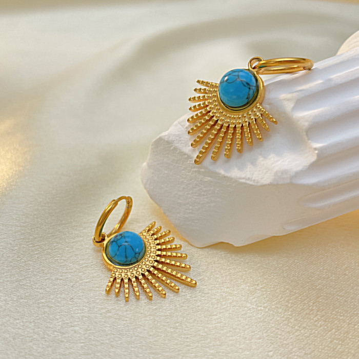 18K Gold Plated Stainless Steel Turquoise Inlaid Scallop Drop Earrings Women Vintage Metal Jewelry Party Gift