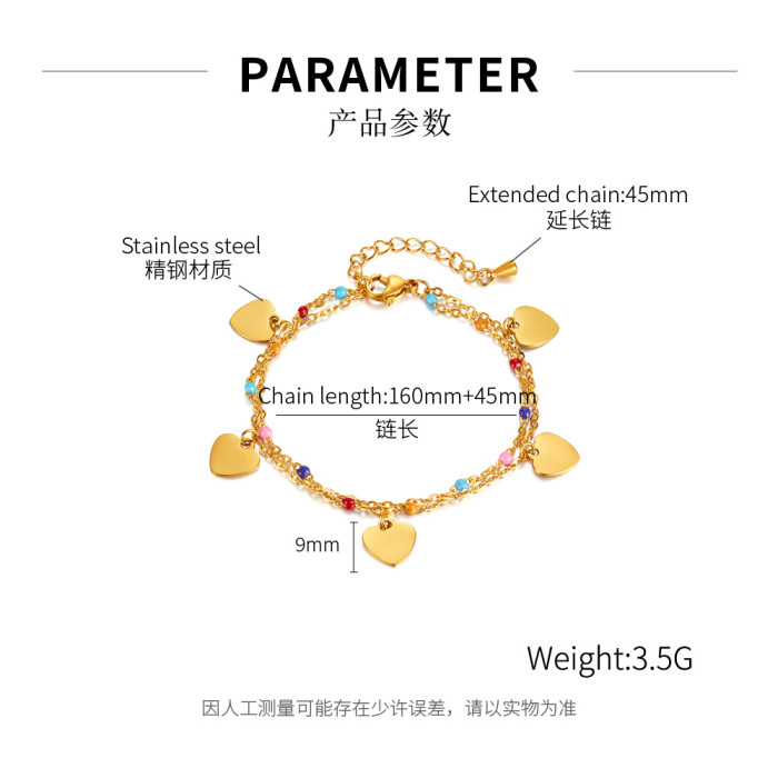 Stainless Steel Bracelets Personality  Hearts Pendant Beads Layer Chain Kpop Fashion Bracelet For Women Jewelry Gifts