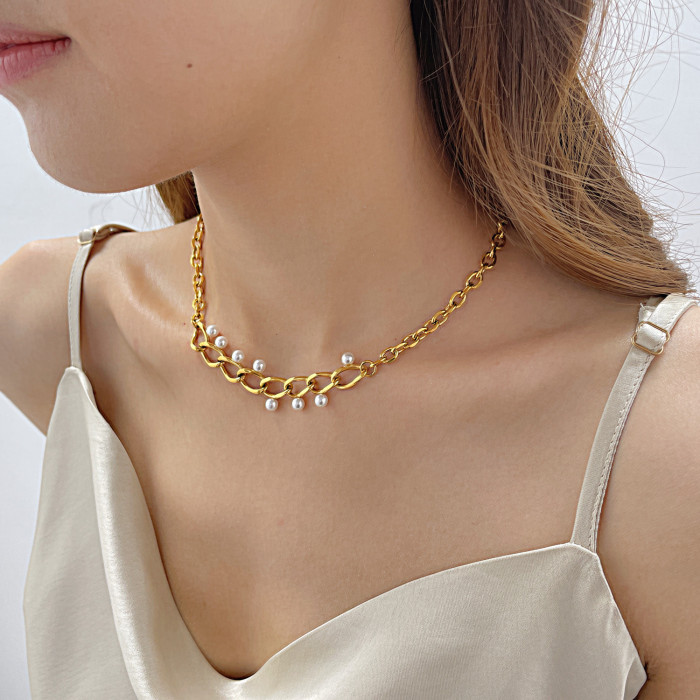 Pearl Necklaces for Women Gold Plated Stainless Steel Chain Necklaces Minimalist Dainty Collar Choker
