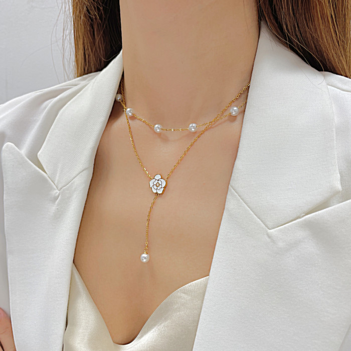 Kpop Daisy Flower Pendant Necklace for Women Girls Stainless Steel Pearl Gold Color Choker Double Layer Chain Jewelry