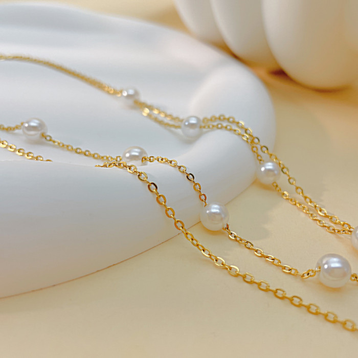 Kpop Daisy Flower Pendant Necklace for Women Girls Stainless Steel Pearl Gold Color Choker Double Layer Chain Jewelry