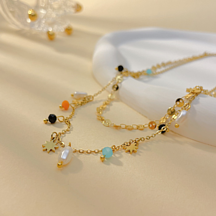 Double Layer Natural Pearl Stone Beaded Initial Choker for Women Stainless Steel Pendant Necklace Boho Chain Jewelry