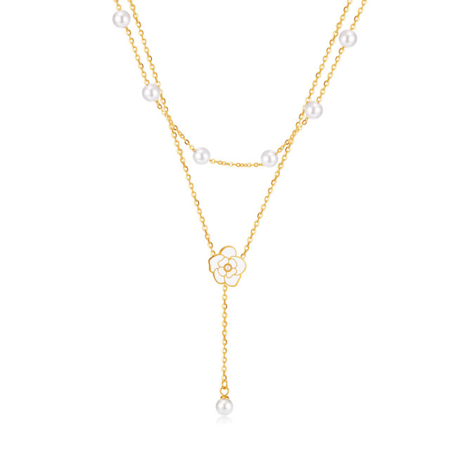 Kpop Daisy Flower Pendant Necklace for Women Girls Stainless Steel Pearl Gold Color Choker Double Layer Chain Jewelry