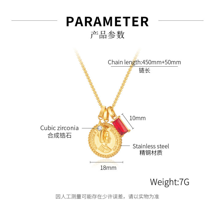 Titanium Stainless Steel Retro Lettering Elizabeth Round Pendant Necklace Choker For Women Sweater Link Chain Jewelry