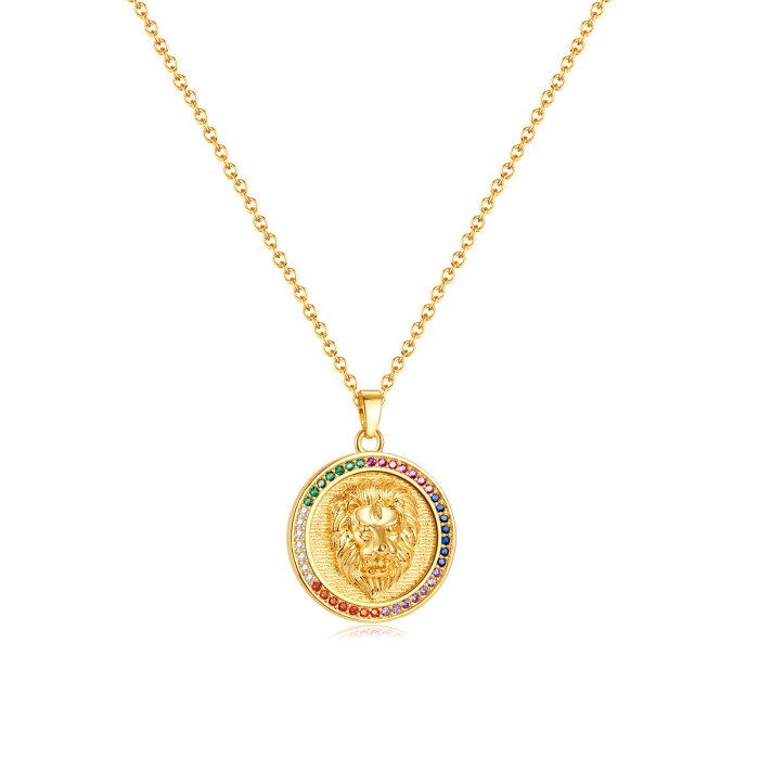 Vintage Unisex Chain Necklace Titanium Steel Gold-Plated Micro Inlaid Zircon Relief Lion Head One Piece Pendant Jewelry Necklace