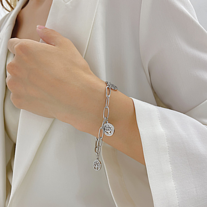 Charm Bracelet Stainless Steel Tree of Life Bracelets Female DIY Jewelry Heart Cross Butterfly Key Bracelet for Women