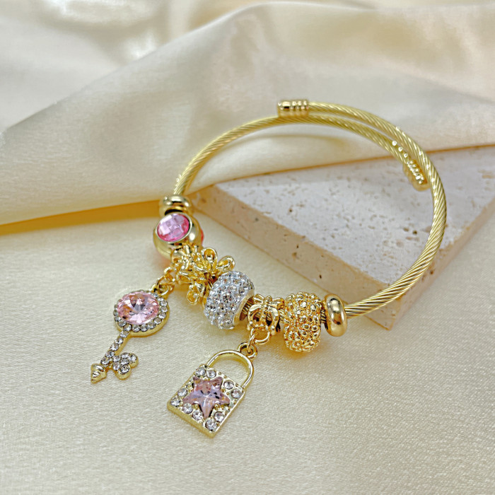 Stainless Steel Key Lock Pendant Thick Chain Bracelet for Women Charm Key Bracelet Bangle Party Jewelry