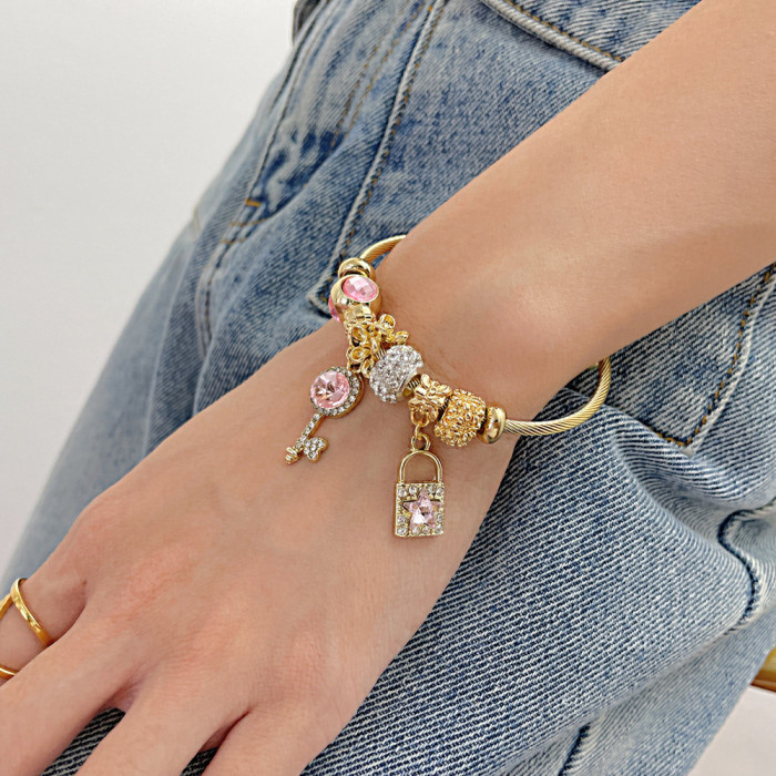 Stainless Steel Key Lock Pendant Thick Chain Bracelet for Women Charm Key Bracelet Bangle Party Jewelry