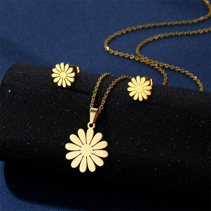 Golden Daisy Flower Jewelry Sets Women Geometric Stainless Steel Pendant Necklace Earrings Sets Lady's Anniversary Gift