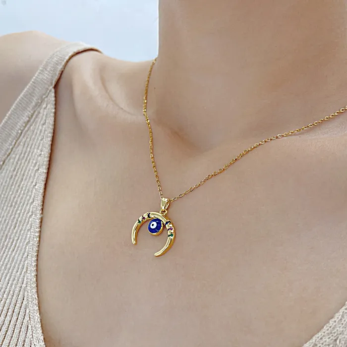 Stainless Steel Evil Turkish Eye Pendant Necklaces for Women Fashion AAA Cubic Zirconia Wedding Jewelry Gift