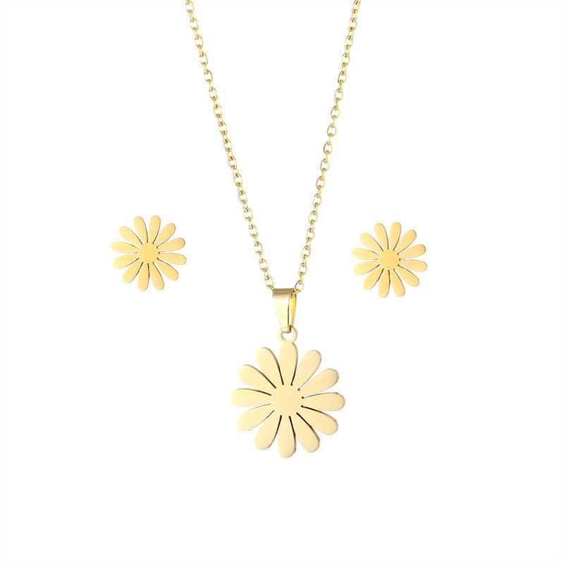 Golden Daisy Flower Jewelry Sets Women Geometric Stainless Steel Pendant Necklace Earrings Sets Lady's Anniversary Gift