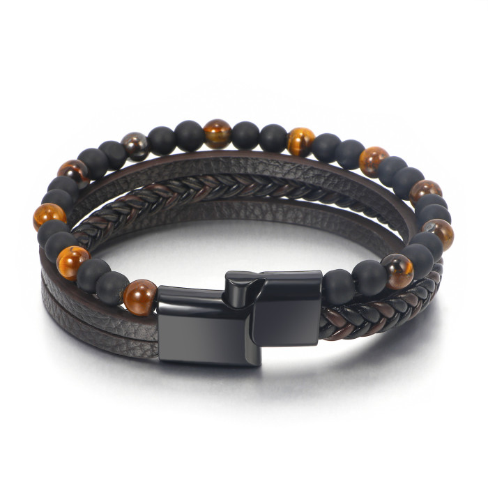 Charm Men Jewelry Natural Stone Multi-Layer Leather Bracelet Black Stainless Steel Magnetic Clasp Tiger Eye Bead Bracelet