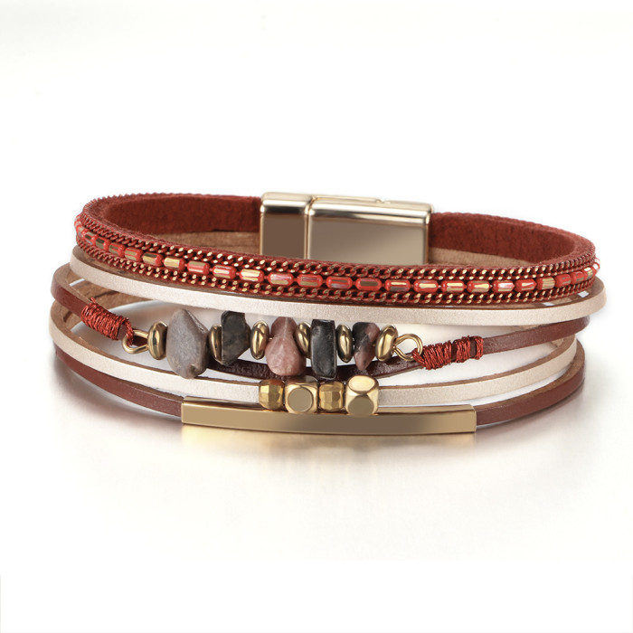 Bohemian Summer Fashion Leather Bracelet for Women Irregular Natural Stone Bead String Magnet Buckle Female Bracelet
