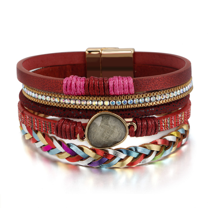 Bohemian Ethnic Leather Bracelet for Women 2022 Wide Bracelets with Feather Crystal Beads Bracelet