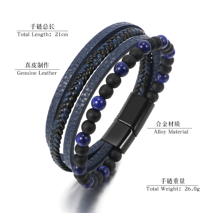 Charm Men Jewelry Natural Stone Multi-Layer Leather Bracelet Black Stainless Steel Magnetic Clasp Tiger Eye Bead Bracelet