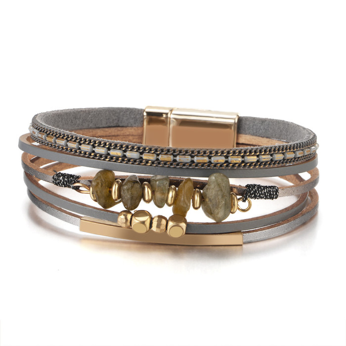 Bohemian Summer Fashion Leather Bracelet for Women Irregular Natural Stone Bead String Magnet Buckle Female Bracelet