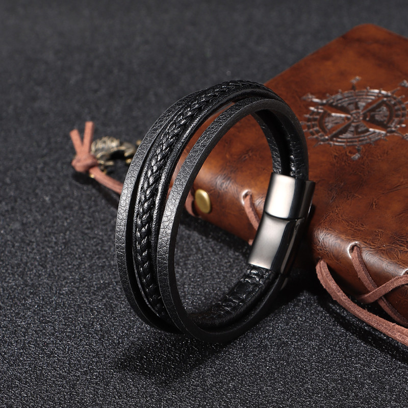 Trendy Genuine Leather Bracelets for Men Multilayer Braided Rope Bracelets Bangles Punk Vintage Jewelry