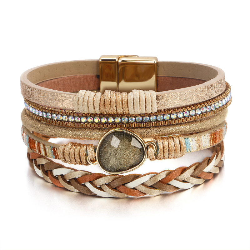 Bohemian Ethnic Leather Bracelet for Women 2022 Wide Bracelets with Feather Crystal Beads Bracelet