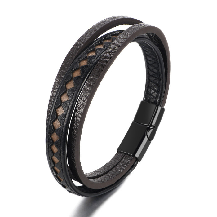 Modyle Trendy Leather Bracelets Men Stainless Steel Multilayer Braided Rope Bracelets for Male Bracelets Jewelry