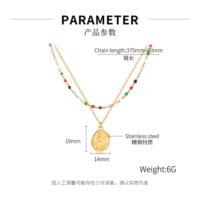 Stainless Steel Necklace for Women Multilayer Necklace Vintage Bohemian Double Layer Coin Pendant Chain Necklace Jewelry