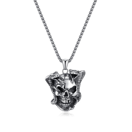 Goth Skull Pendant Necklace For Men Male 55CM Stainless Steel Chain Halloween Gifts Skeleton Head Jewelry