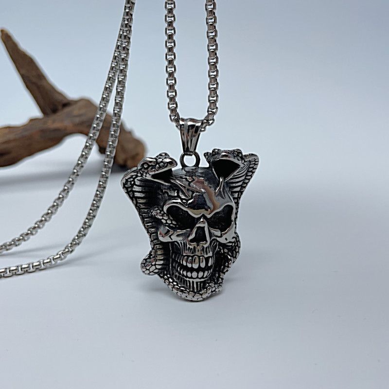 Goth Skull Pendant Necklace For Men Male 55CM Stainless Steel Chain Halloween Gifts Skeleton Head Jewelry